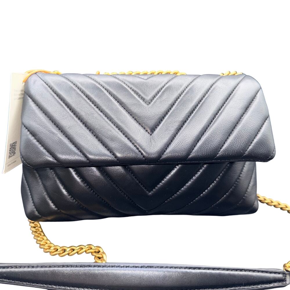 Quince NWT Black Chevron Quilted 100% Sheepskin Leather Crossbody Bag Gold - Picture 2 of 13